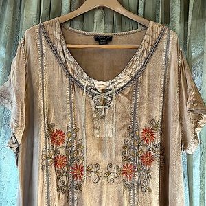 Lola P. Soft Maxi Beige Embroidered Floral Short Sleeve Dress